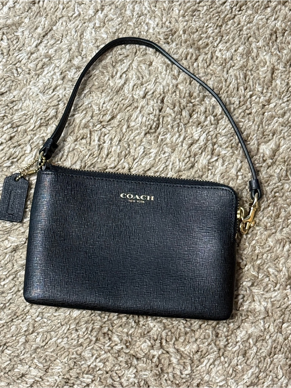 Coach Black Leather Zip Wristlet with Gold Hardware